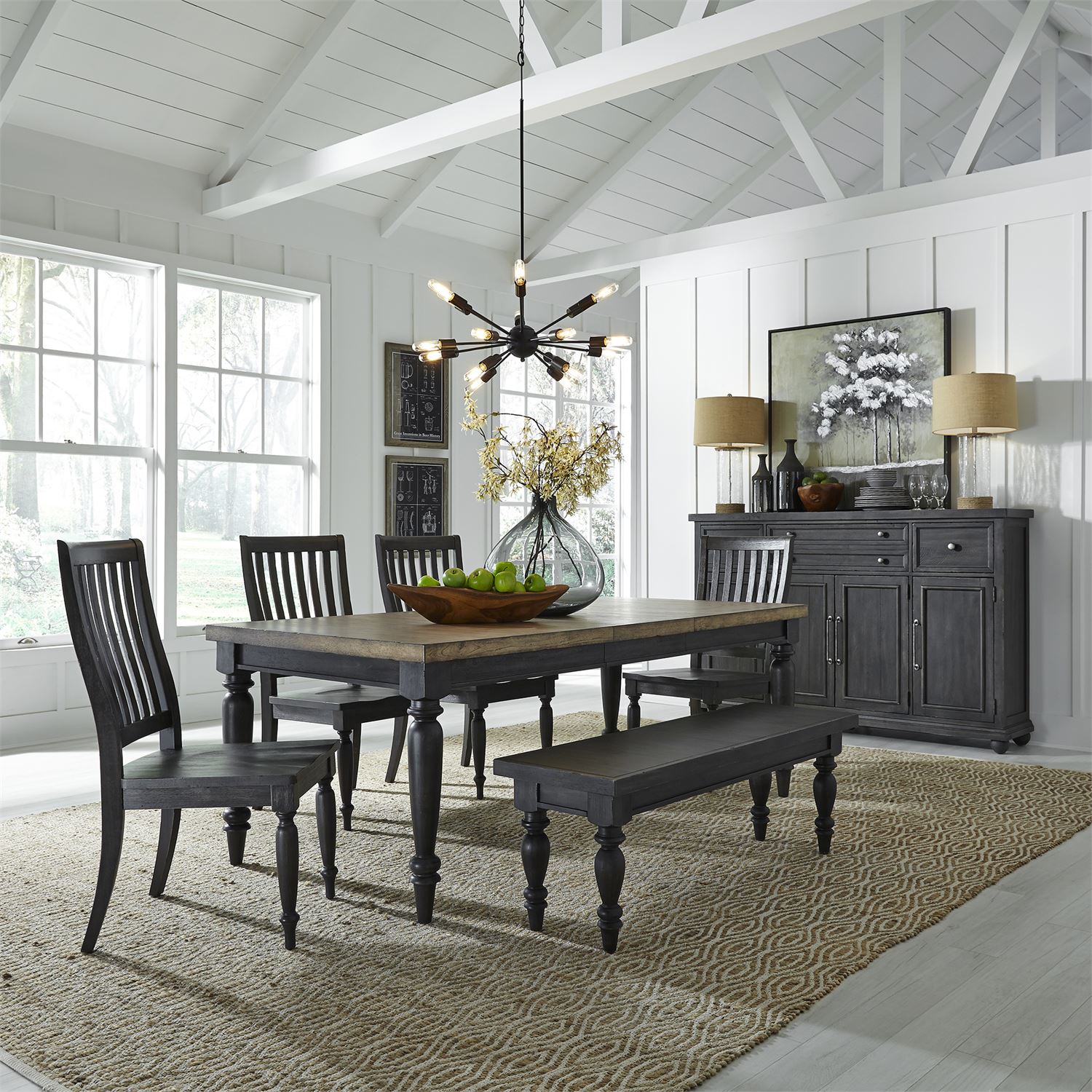 6 piece dining room set in Chalkboard Finish with Brownstone Top